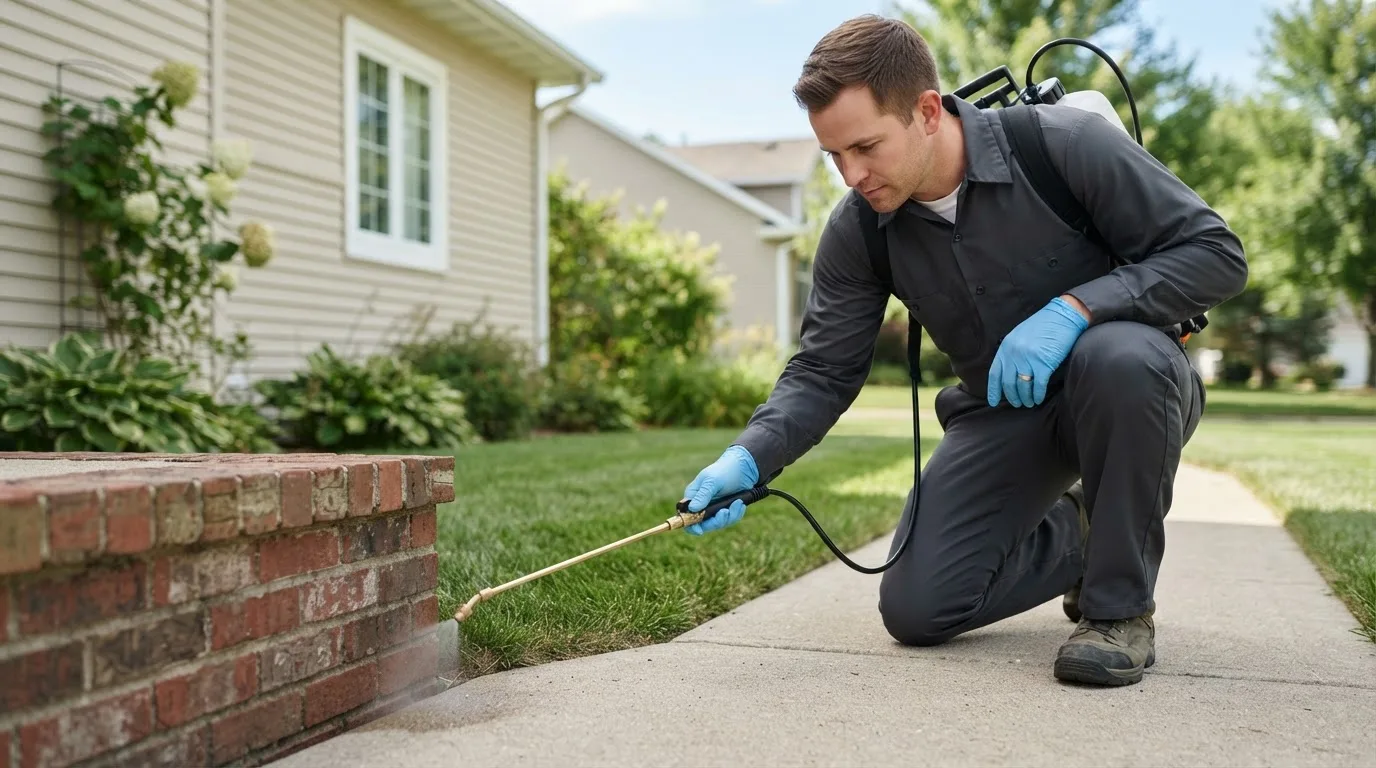 Pest control technician treating a home near Limaville, OH